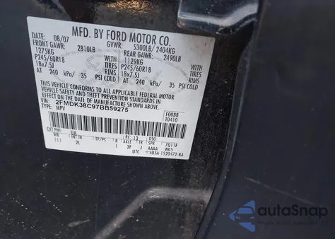 2007 Ford Edge Sel из США, поврежденный, VIN 2FMDK38C97BB59275